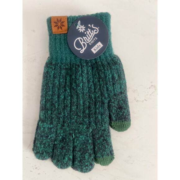 Britt's Knits Kid's Bonfire Gloves in a heathered green color. - Picture 1 of 10